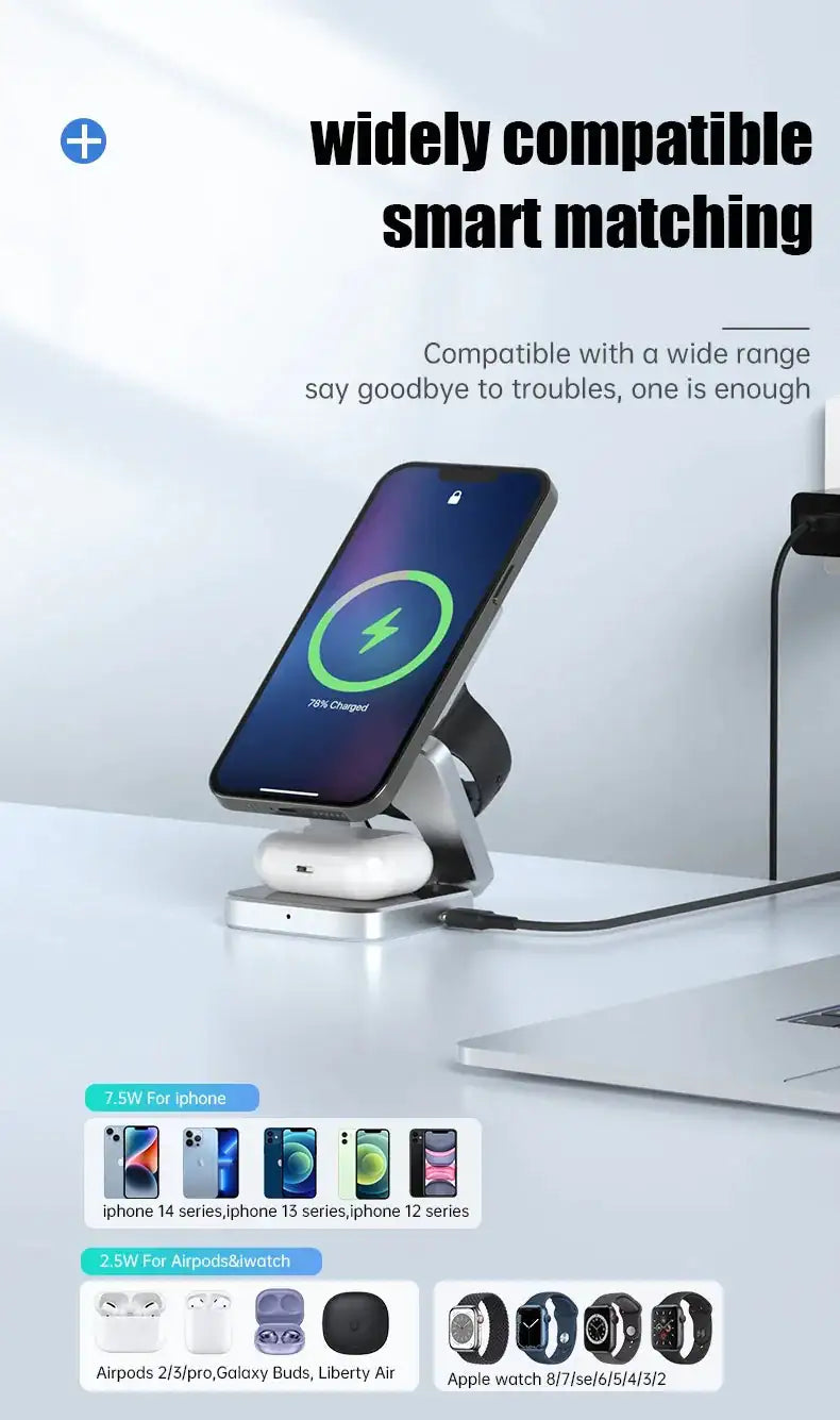 3 In 1 Foldable Magnetic Wireless Charger Stand